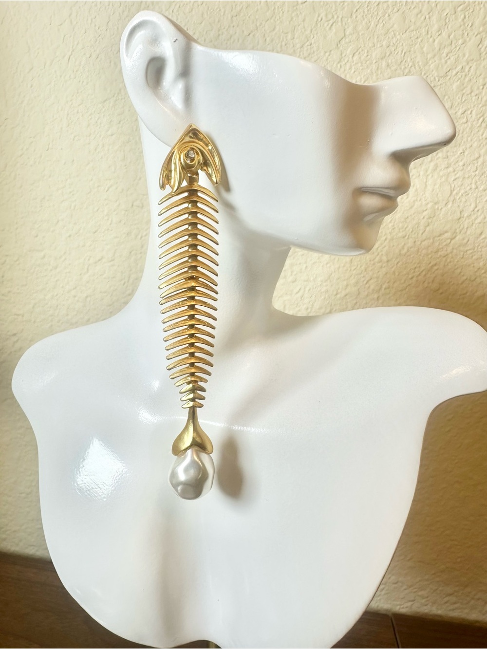 Gold Long Fishbone Drop Earring with Pearl Accent